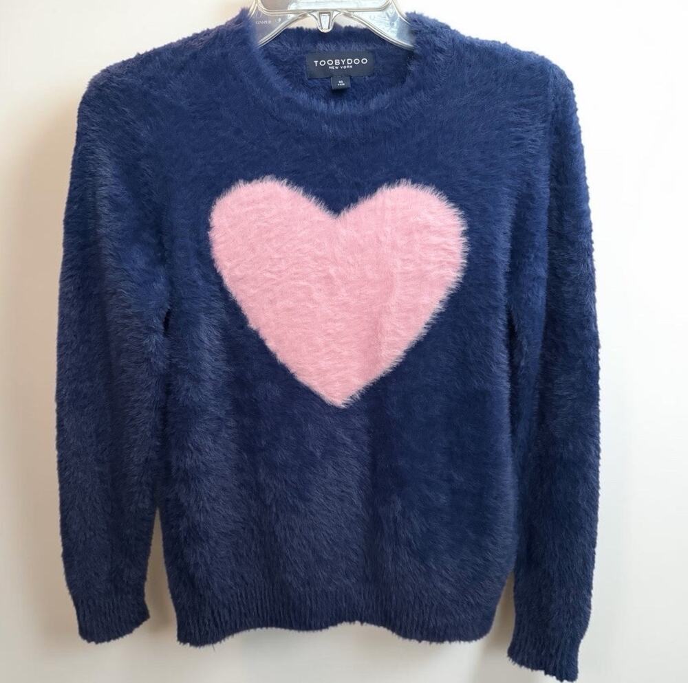Girls TOOBYDOO Pink Heart Fuzzy Blue Sweater New York Pullover 140 US Size 10
